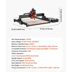 VEVOR CNC Router Machine, 300W Spindle, 3-Axis Wood Engraving Milling Machine, with 15.75 x 15.75 x 2.36 in Working Area, Offline Controller, Aluminum Alloy Structure, for Wood Acrylic Carving Cutting
