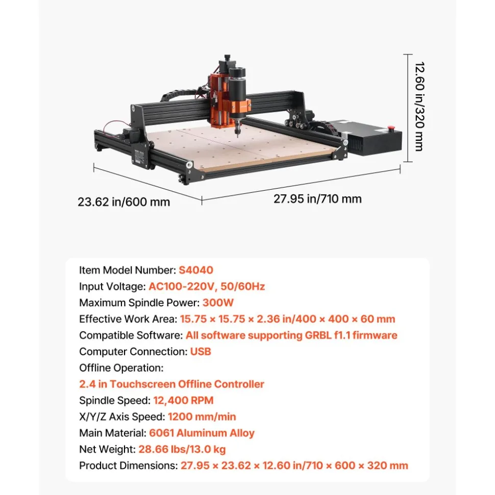 VEVOR CNC Router Machine, 300W Spindle, 3-Axis Wood Engraving Milling Machine, with 15.75 x 15.75 x 2.36 in Working Area, Offline Controller, Aluminum Alloy Structure, for Wood Acrylic Carving Cutting