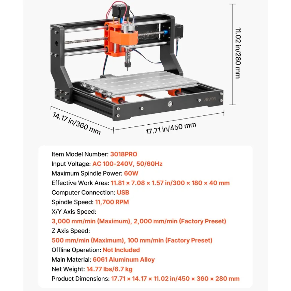 VEVOR 3018 CNC Router Machine, 60W Spindle, 3-Axis Wood Engraving Milling Machine, with 300 x 180 x 40 mm Working Area, Aluminum Alloy Structure, for Wood Acrylic Carving Cutting