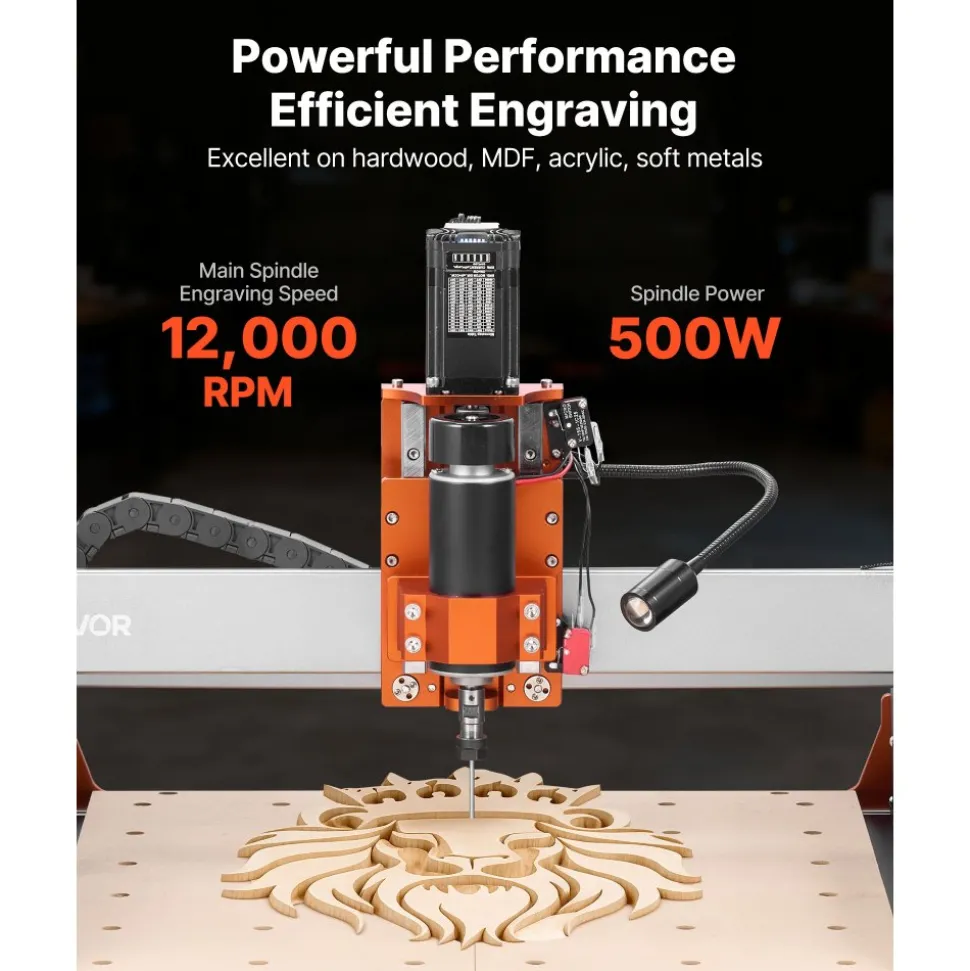 VEVOR CNC Router Machine, 500W Spindle, 3-Axis Wood Engraving Milling Machine, with Dual Linear Rails & Ball Screw, 15.75 x 15.75 x 3.74 in Working Area, Trim Router, for Wood Acrylic Carving Cutting