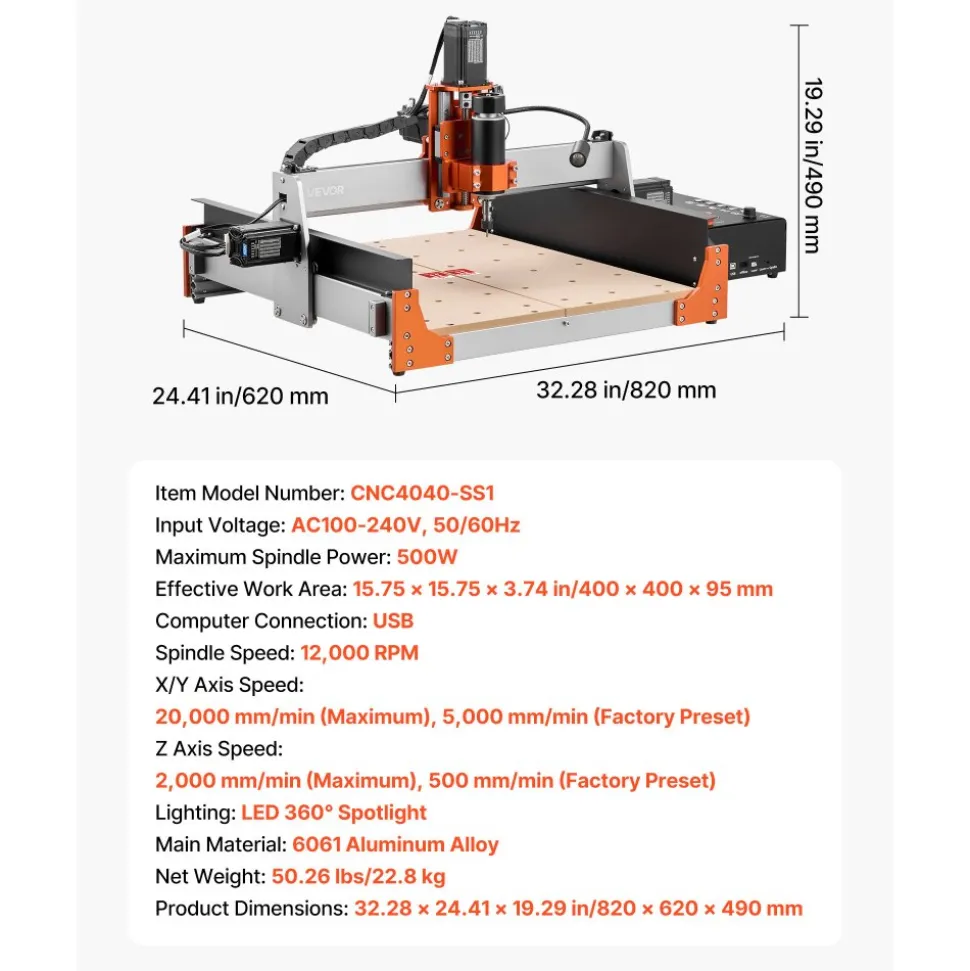 VEVOR CNC Router Machine, 500W Spindle, 3-Axis Wood Engraving Milling Machine, with Dual Linear Rails & Ball Screw, 15.75 x 15.75 x 3.74 in Working Area, Trim Router, for Wood Acrylic Carving Cutting