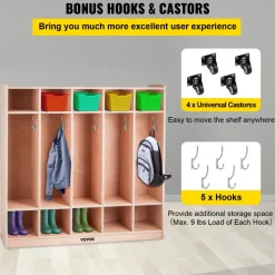 VEVOR Coat Locker, 5-Section Daycare Cubby Coat Rack, Classroom Coat Locker and Backpack Hanger, with 5 Hooks and Storage Boxes, for Kindergarten & School, Natural