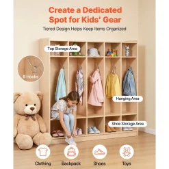 VEVOR Coat Locker, 5-Section Daycare Cubby Coat Rack 48x12x48 inch, Classroom Coat Locker and Backpack Hanger, with 5 Hooks and Storage Boxes, for Kindergarten & School, Natural