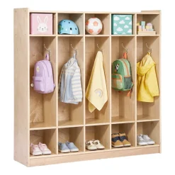 VEVOR Coat Locker, 5-Section Daycare Cubby Coat Rack 48x12x48 inch, Classroom Coat Locker and Backpack Hanger, with 5 Hooks and Storage Boxes, for Kindergarten & School, Natural