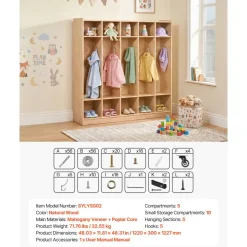 VEVOR Coat Locker, 5-Section Daycare Cubby Coat Rack 48x12x48 inch, Classroom Coat Locker and Backpack Hanger, with 5 Hooks and Storage Boxes, for Kindergarten & School, Natural