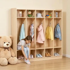 VEVOR Coat Locker, 5-Section Daycare Cubby Coat Rack 48x12x48 inch, Classroom Coat Locker and Backpack Hanger, with 5 Hooks and Storage Boxes, for Kindergarten & School, Natural