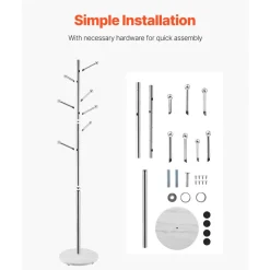 VEVOR Coat Rack, Freestanding Coats Rack Stand with Stable Marble Base & 8 Hooks, Free Standing Hall Coat Tree for Entryway, Bedroom, Office, Living Room, Modern Clothes Hanger for Coats, Hats, Bags