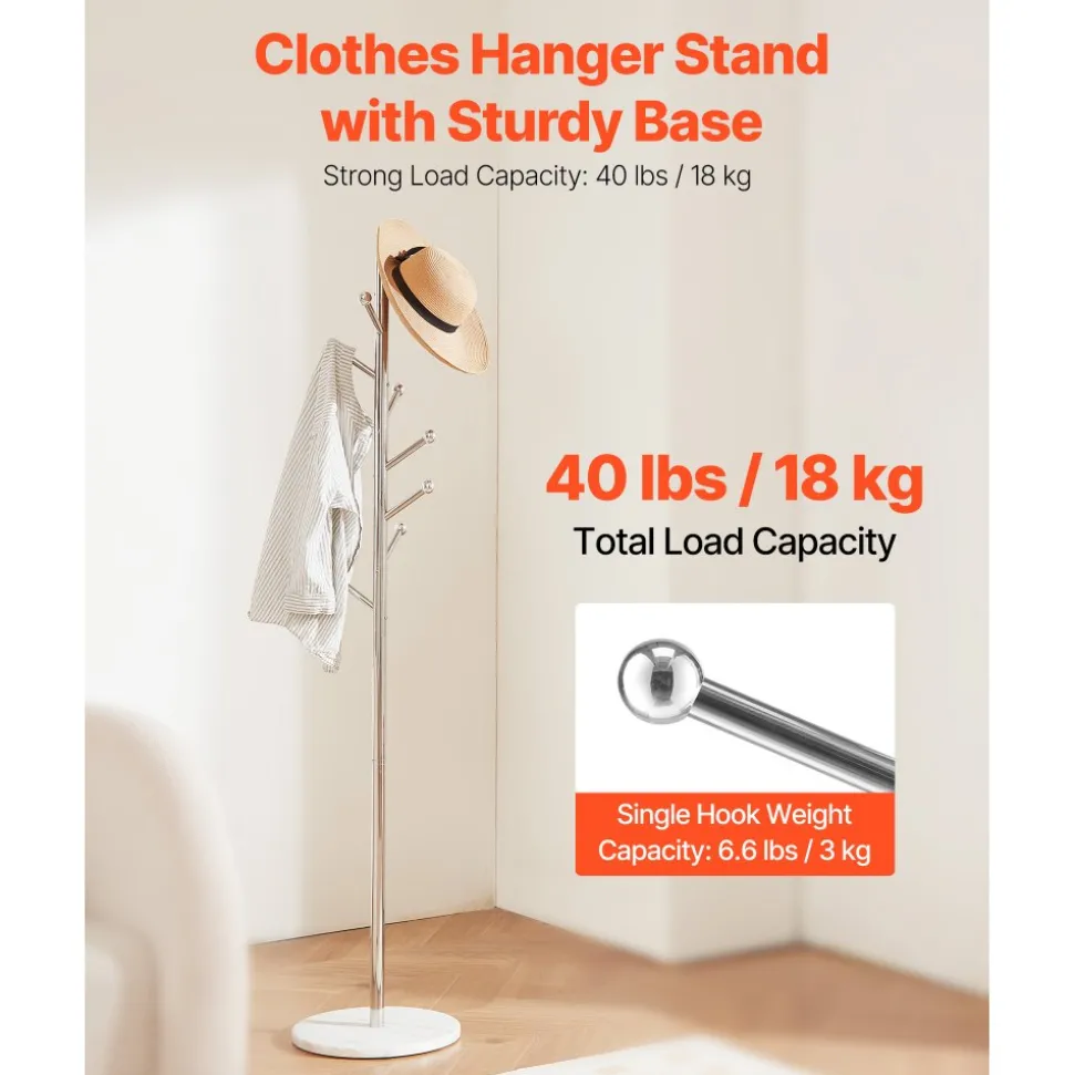 VEVOR Coat Rack, Freestanding Coats Rack Stand with Stable Marble Base & 8 Hooks, Free Standing Hall Coat Tree for Entryway, Bedroom, Office, Living Room, Modern Clothes Hanger for Coats, Hats, Bags