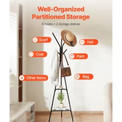 VEVOR Coat Rack, Freestanding Coats Rack Stand with 2 Shelves & 6 Hooks, Free Standing Hall Coat Tree for Entryway, Bedroom, Living Room, Modern Clothes Hanger Stand for Coats, Hats, Scarves, Handbags