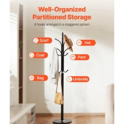 VEVOR Coat Rack Freestanding, Coats Tree Stand with Stable Marble Base & 6 Hooks, Free Standing Hall Coat Rack for Entryway, Bedroom, Office, Living Room, Modern Clothes Hanger for Coats, Hats, Bags