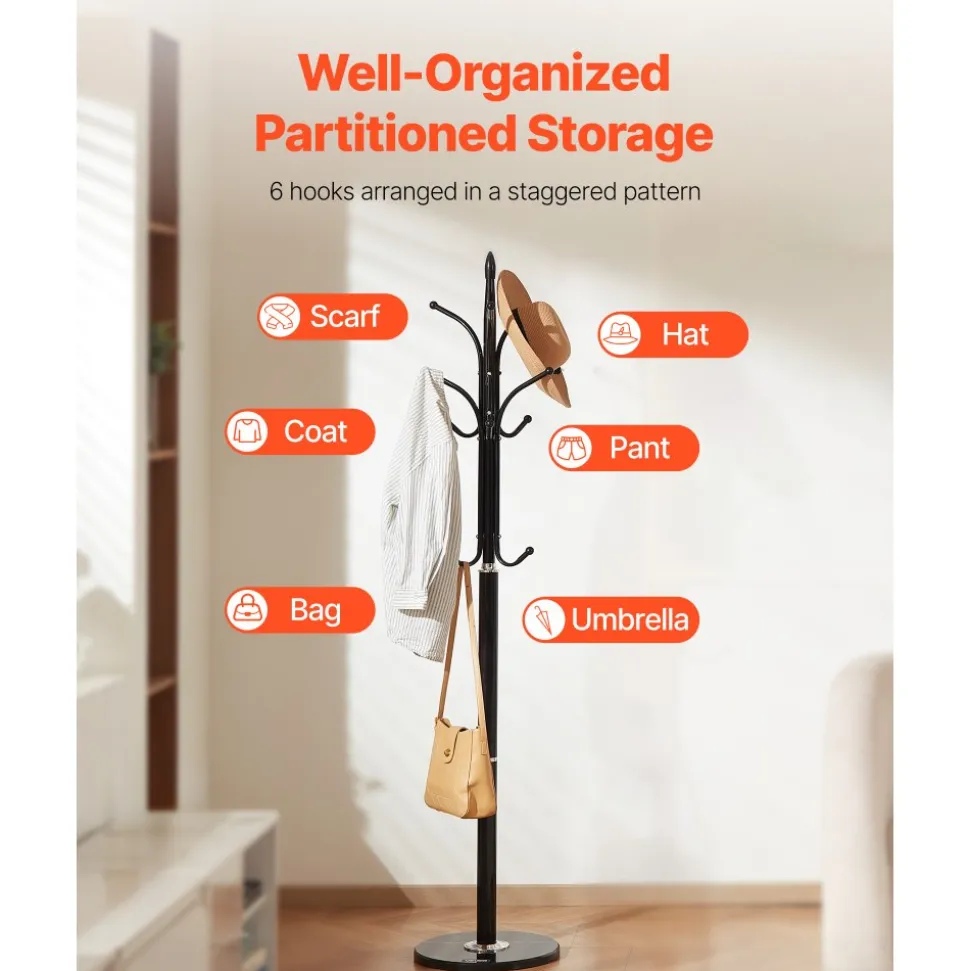 VEVOR Coat Rack Freestanding, Coats Tree Stand with Stable Marble Base & 6 Hooks, Free Standing Hall Coat Rack for Entryway, Bedroom, Office, Living Room, Modern Clothes Hanger for Coats, Hats, Bags