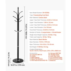 VEVOR Coat Rack Freestanding, Coats Tree Stand with Stable Marble Base & 6 Hooks, Free Standing Hall Coat Rack for Entryway, Bedroom, Office, Living Room, Modern Clothes Hanger for Coats, Hats, Bags