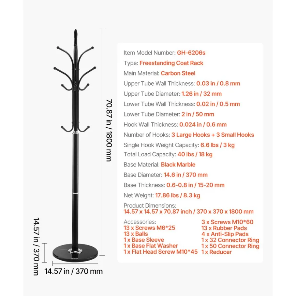 VEVOR Coat Rack Freestanding, Coats Tree Stand with Stable Marble Base & 6 Hooks, Free Standing Hall Coat Rack for Entryway, Bedroom, Office, Living Room, Modern Clothes Hanger for Coats, Hats, Bags