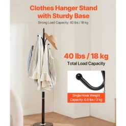 VEVOR Coat Rack Freestanding, Coats Tree Stand with Stable Marble Base & 6 Hooks, Free Standing Hall Coat Rack for Entryway, Bedroom, Office, Living Room, Modern Clothes Hanger for Coats, Hats, Bags