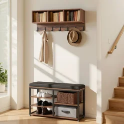 VEVOR Coat Rack with Shoe Bench, 3-in-1 Shoe Coat Rack Combo Set with Hooks and Bookshelf, Steel Frame Hall Tree Entrance Storage Organizer Holder for Entry, Bedroom, Closet, Office, Rustic Brown