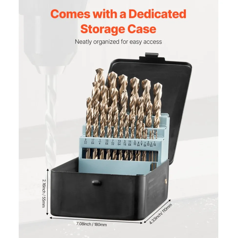 VEVOR Cobalt Drill Bit Set, 29 Pcs, M35 High Speed Steel Cobalt Drill Bits with Storage Case, for Drilling Metal, Stainless Steel, Aluminum Alloy, Wood, Plastic, for Professional Work and Home DIY