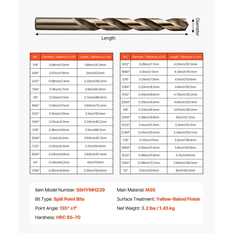 VEVOR Cobalt Drill Bit Set, 29 Pcs, M35 High Speed Steel Cobalt Drill Bits with Storage Case, for Drilling Metal, Stainless Steel, Aluminum Alloy, Wood, Plastic, for Professional Work and Home DIY