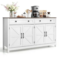 VEVOR Coffee Bar Cabinet, Farmhouse Coffee Bar Table with 2 Drawers, Buffet Stand Cabinet with 4 Barn Doors, Sideboard Buffet Station for Living Room, Entryway, Kitchen, 55.1 x 15.5 x 31.5 in, White