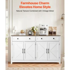 VEVOR Coffee Bar Cabinet, Farmhouse Coffee Bar Table with 2 Drawers, Buffet Stand Cabinet with 4 Barn Doors, Sideboard Buffet Station for Living Room, Entryway, Kitchen, 55.1 x 15.5 x 31.5 in, White
