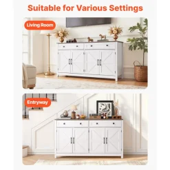 VEVOR Coffee Bar Cabinet, Farmhouse Coffee Bar Table with 2 Drawers, Buffet Stand Cabinet with 4 Barn Doors, Sideboard Buffet Station for Living Room, Entryway, Kitchen, 55.1 x 15.5 x 31.5 in, White