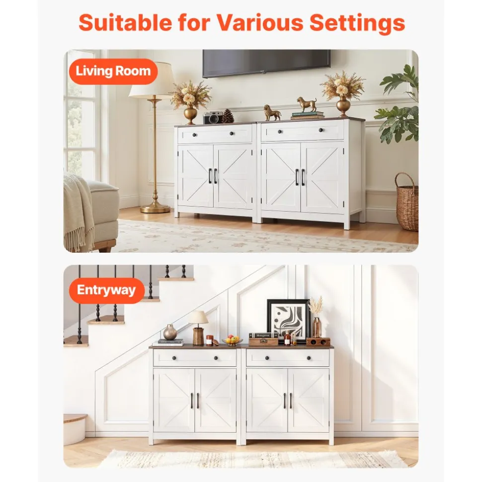 VEVOR Coffee Bar Cabinet, Farmhouse Coffee Bar Table with Drawer, Buffet Stand Cabinet with 2 Barn Door, Sideboard Buffet Station for Living Room, Entryway, Kitchen, 29.5 x 14.7 x 31.5 in, White