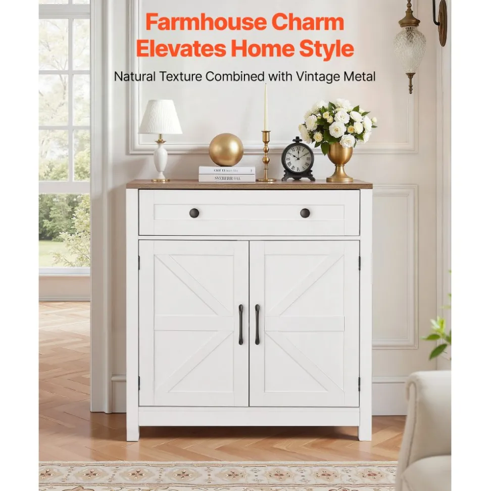VEVOR Coffee Bar Cabinet, Farmhouse Coffee Bar Table with Drawer, Buffet Stand Cabinet with 2 Barn Door, Sideboard Buffet Station for Living Room, Entryway, Kitchen, 29.5 x 14.7 x 31.5 in, White