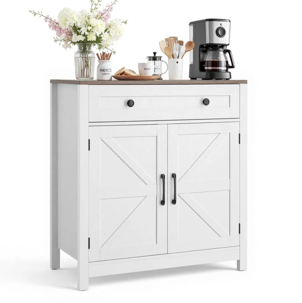 VEVOR Coffee Bar Cabinet, Farmhouse Coffee Bar Table with Drawer, Buffet Stand Cabinet with 2 Barn Door, Sideboard Buffet Station for Living Room, Entryway, Kitchen, 29.5 x 14.7 x 31.5 in, White