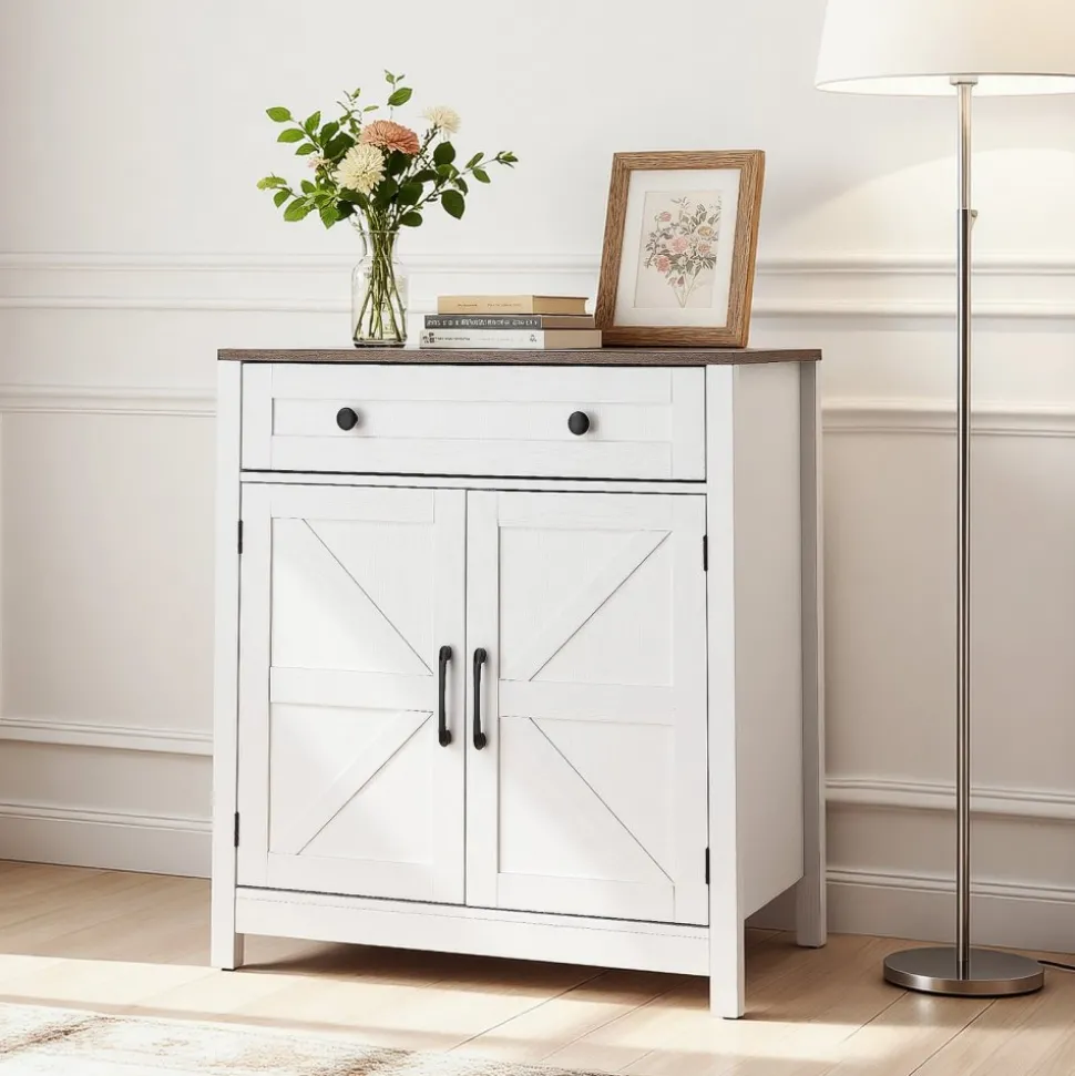 VEVOR Coffee Bar Cabinet, Farmhouse Coffee Bar Table with Drawer, Buffet Stand Cabinet with 2 Barn Door, Sideboard Buffet Station for Living Room, Entryway, Kitchen, 29.5 x 14.7 x 31.5 in, White