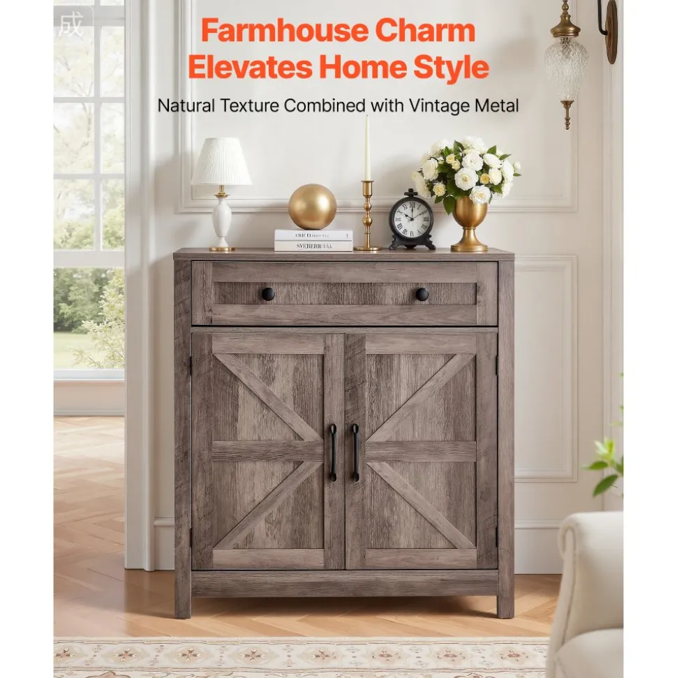 VEVOR Coffee Bar Cabinet, Farmhouse Coffee Bar Table with Drawer, Buffet Stand Cabinet with 2 Barn Doors, Sideboard Buffet Station for Living Room, Entryway, Kitchen, 29.5 x 14.7 x 31.5 in, Grey