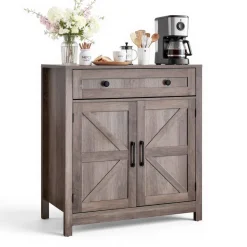 VEVOR Coffee Bar Cabinet, Farmhouse Coffee Bar Table with Drawer, Buffet Stand Cabinet with 2 Barn Doors, Sideboard Buffet Station for Living Room, Entryway, Kitchen, 29.5 x 14.7 x 31.5 in, Grey