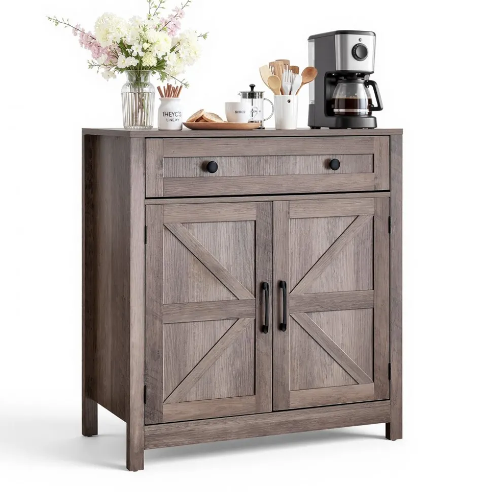 VEVOR Coffee Bar Cabinet, Farmhouse Coffee Bar Table with Drawer, Buffet Stand Cabinet with 2 Barn Doors, Sideboard Buffet Station for Living Room, Entryway, Kitchen, 29.5 x 14.7 x 31.5 in, Grey