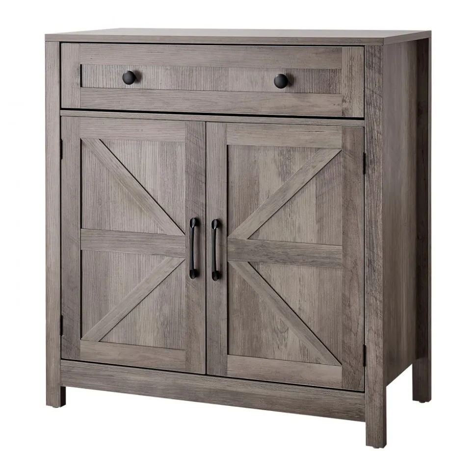 VEVOR Coffee Bar Cabinet, Farmhouse Coffee Bar Table with Drawer, Buffet Stand Cabinet with 2 Barn Doors, Sideboard Buffet Station for Living Room, Entryway, Kitchen, 29.5 x 14.7 x 31.5 in, Grey