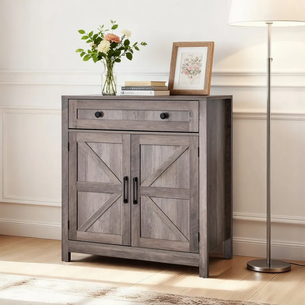 VEVOR Coffee Bar Cabinet, Farmhouse Coffee Bar Table with Drawer, Buffet Stand Cabinet with 2 Barn Doors, Sideboard Buffet Station for Living Room, Entryway, Kitchen, 29.5 x 14.7 x 31.5 in, Grey