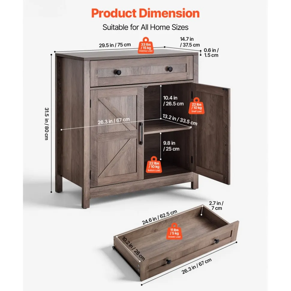 VEVOR Coffee Bar Cabinet, Farmhouse Coffee Bar Table with Drawer, Buffet Stand Cabinet with 2 Barn Doors, Sideboard Buffet Station for Living Room, Entryway, Kitchen, 29.5 x 14.7 x 31.5 in, Grey