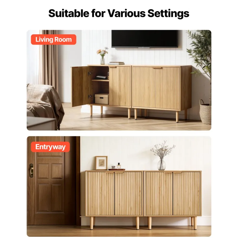 VEVOR Coffee Bar Cabinet, Mid Century Fluted Coffee Bar Table with 2-Tier Storage, Buffet Stand Cabinet with 2 Barn Door, Sideboard Buffet Station for Living Room, Entryway, 31.5 x 14.7 x 31.5 in, Oak