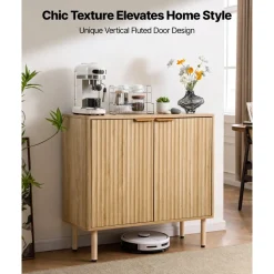VEVOR Coffee Bar Cabinet, Mid Century Fluted Coffee Bar Table with 2-Tier Storage, Buffet Stand Cabinet with 2 Barn Door, Sideboard Buffet Station for Living Room, Entryway, 31.5 x 14.7 x 31.5 in, Oak