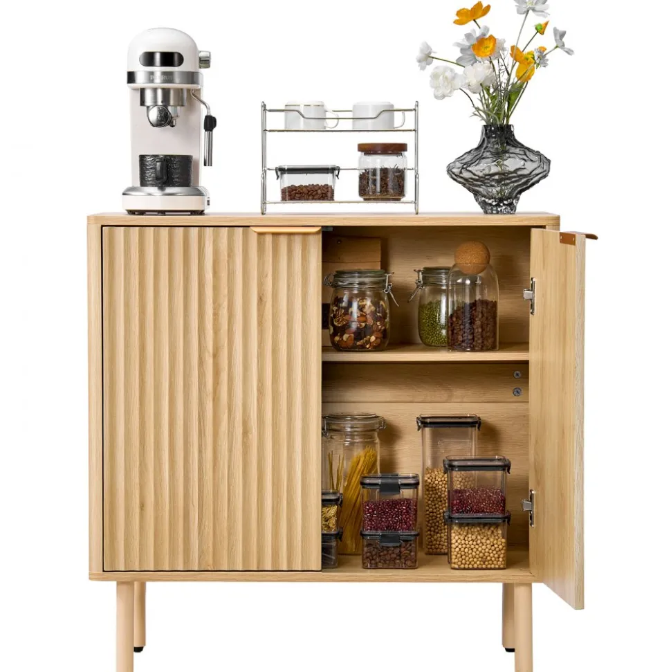 VEVOR Coffee Bar Cabinet, Mid Century Fluted Coffee Bar Table with 2-Tier Storage, Buffet Stand Cabinet with 2 Barn Door, Sideboard Buffet Station for Living Room, Entryway, 31.5 x 14.7 x 31.5 in, Oak
