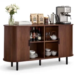 VEVOR Coffee Bar Cabinet, Mid Century Fluted Coffee Bar Table, Buffet Stand Cabinet with 2 Sliding Doors, Sideboard Buffet Station for Living Room, Entryway, Kitchen, 55.1 x 15.7 x 29.5 in, Walnut