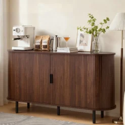 VEVOR Coffee Bar Cabinet, Mid Century Fluted Coffee Bar Table, Buffet Stand Cabinet with 2 Sliding Doors, Sideboard Buffet Station for Living Room, Entryway, Kitchen, 55.1 x 15.7 x 29.5 in, Walnut