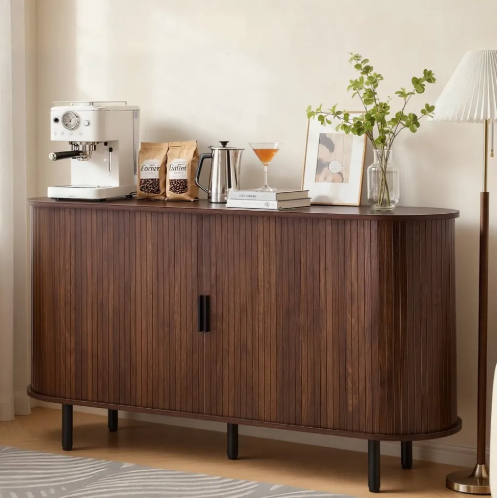 VEVOR Coffee Bar Cabinet, Mid Century Fluted Coffee Bar Table, Buffet Stand Cabinet with 2 Sliding Doors, Sideboard Buffet Station for Living Room, Entryway, Kitchen, 55.1 x 15.7 x 29.5 in, Walnut