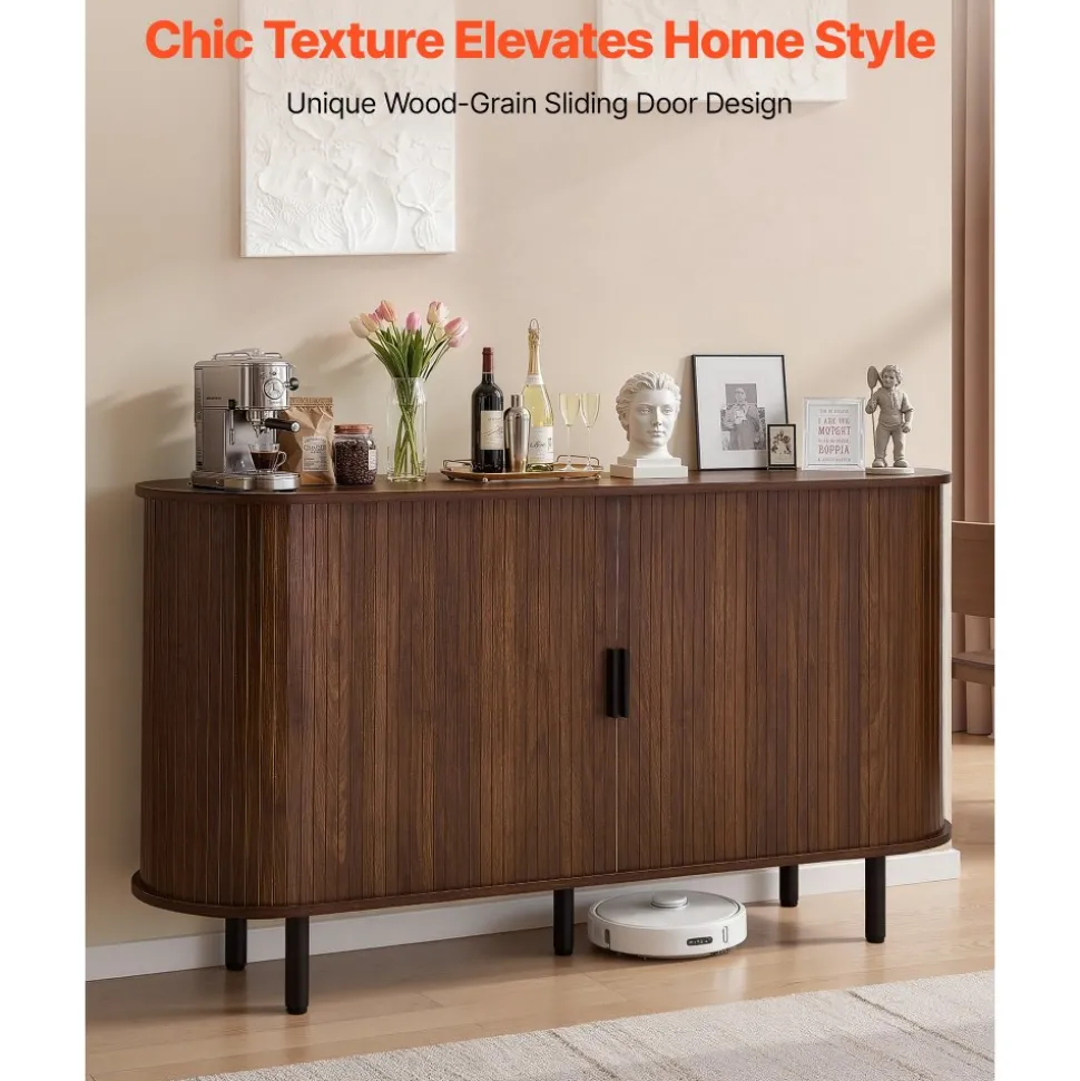 VEVOR Coffee Bar Cabinet, Mid Century Fluted Coffee Bar Table, Buffet Stand Cabinet with 2 Sliding Doors, Sideboard Buffet Station for Living Room, Entryway, Kitchen, 55.1 x 15.7 x 29.5 in, Walnut