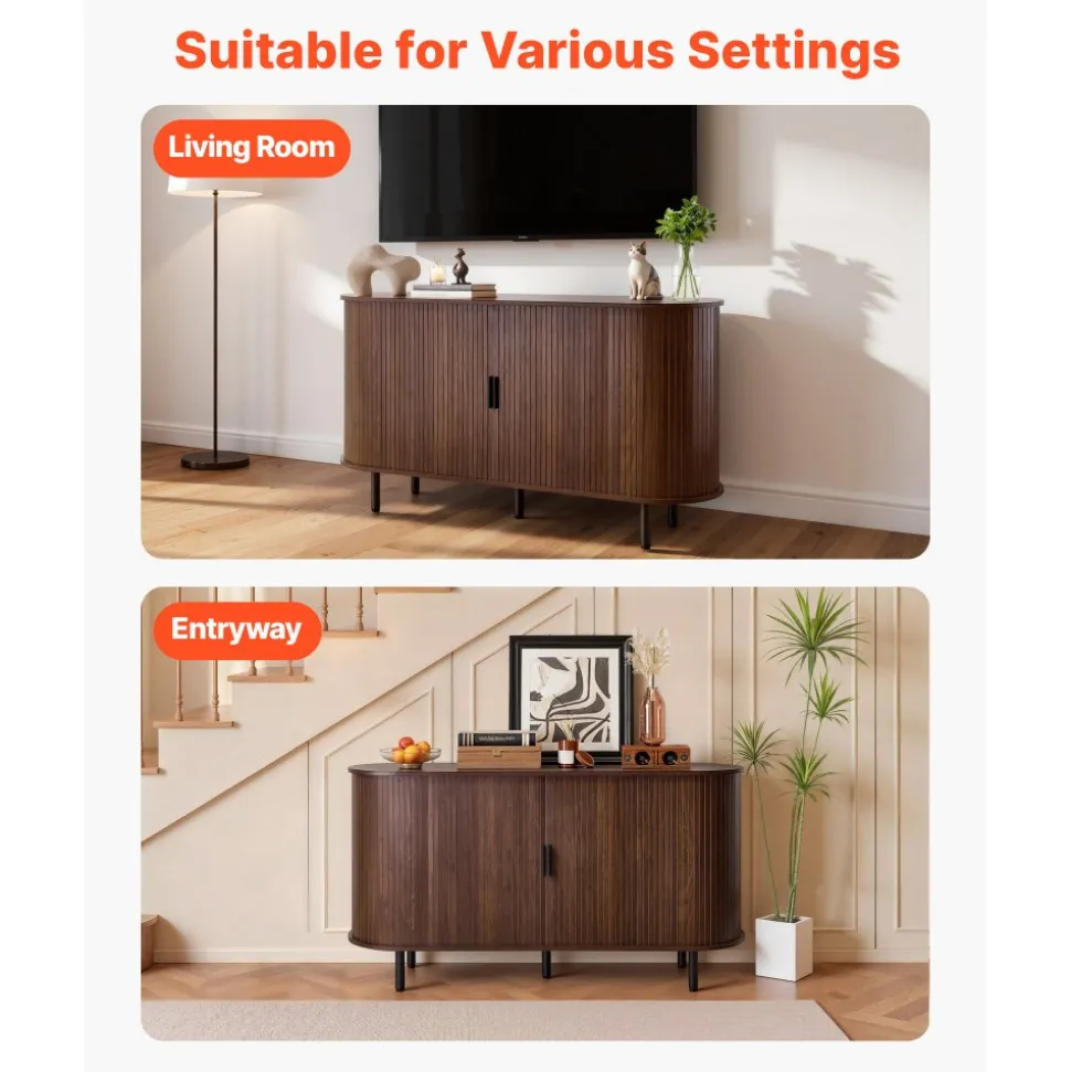 VEVOR Coffee Bar Cabinet, Mid Century Fluted Coffee Bar Table, Buffet Stand Cabinet with 2 Sliding Doors, Sideboard Buffet Station for Living Room, Entryway, Kitchen, 55.1 x 15.7 x 29.5 in, Walnut