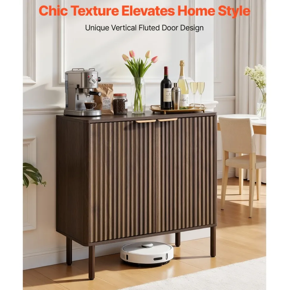 VEVOR Coffee Bar Cabinet, Mid Century Fluted Coffee Bar Table with 2-Tier Storage, Buffet Stand Cabinet with Barn Door, Sideboard Buffet Station for Living Room, Entryway, 31.5 x 14.7 x 31.5 in Walnut