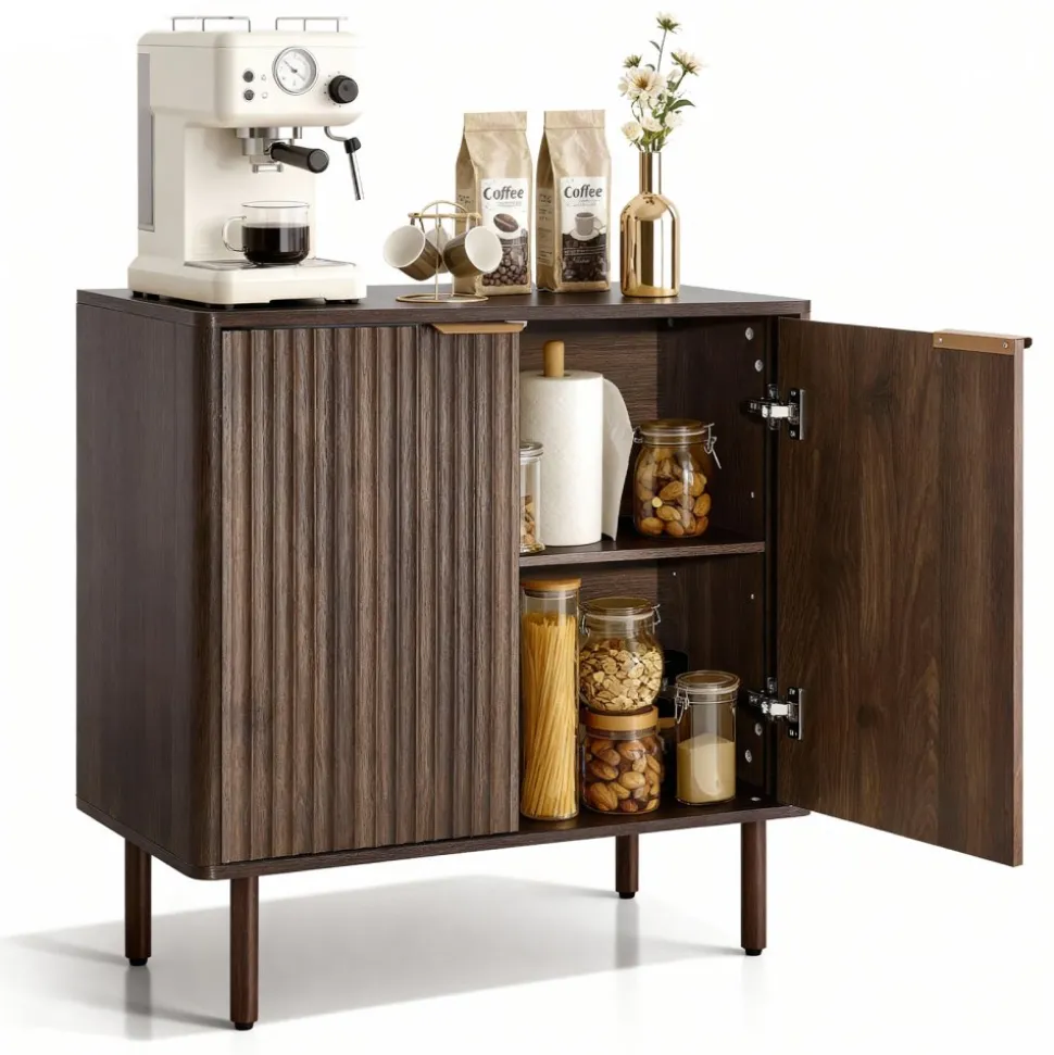 VEVOR Coffee Bar Cabinet, Mid Century Fluted Coffee Bar Table with 2-Tier Storage, Buffet Stand Cabinet with Barn Door, Sideboard Buffet Station for Living Room, Entryway, 31.5 x 14.7 x 31.5 in Walnut