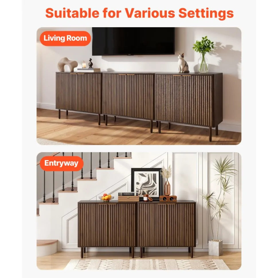 VEVOR Coffee Bar Cabinet, Mid Century Fluted Coffee Bar Table with 2-Tier Storage, Buffet Stand Cabinet with Barn Door, Sideboard Buffet Station for Living Room, Entryway, 31.5 x 14.7 x 31.5 in Walnut