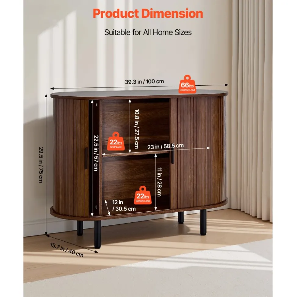 VEVOR Coffee Bar Cabinet, Mid Century Fluted Coffee Bar Table, Buffet Stand Cabinet with 2 Sliding Doors, Sideboard Buffet Station for Living Room, Entryway, Kitchen, 39.3 x 15.7 x 29.5 in, Walnut