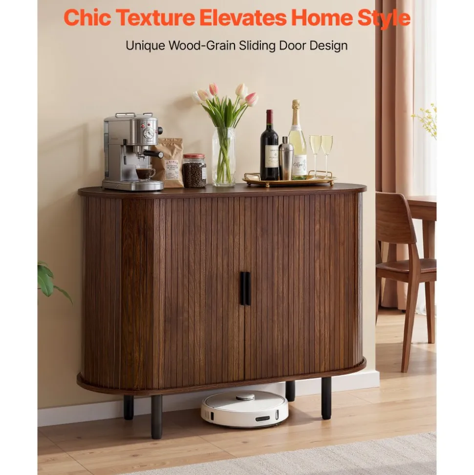 VEVOR Coffee Bar Cabinet, Mid Century Fluted Coffee Bar Table, Buffet Stand Cabinet with 2 Sliding Doors, Sideboard Buffet Station for Living Room, Entryway, Kitchen, 39.3 x 15.7 x 29.5 in, Walnut