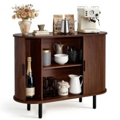 VEVOR Coffee Bar Cabinet, Mid Century Fluted Coffee Bar Table, Buffet Stand Cabinet with 2 Sliding Doors, Sideboard Buffet Station for Living Room, Entryway, Kitchen, 39.3 x 15.7 x 29.5 in, Walnut