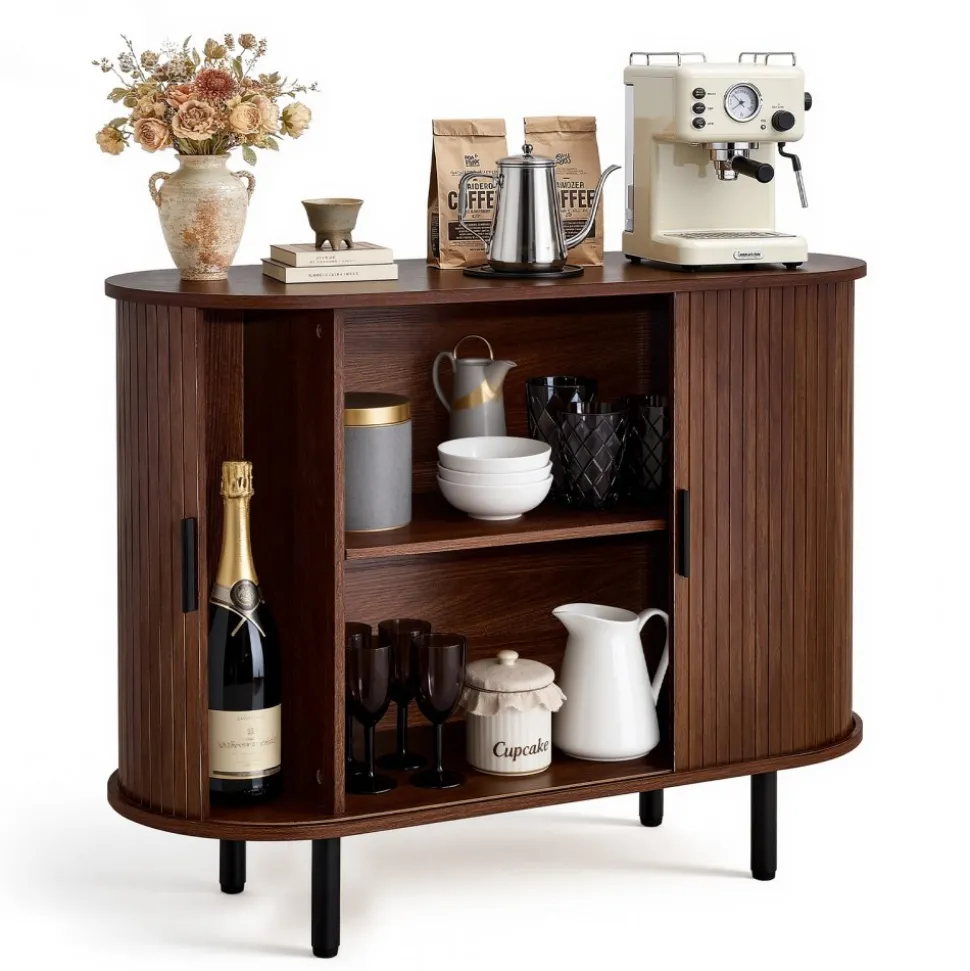 VEVOR Coffee Bar Cabinet, Mid Century Fluted Coffee Bar Table, Buffet Stand Cabinet with 2 Sliding Doors, Sideboard Buffet Station for Living Room, Entryway, Kitchen, 39.3 x 15.7 x 29.5 in, Walnut