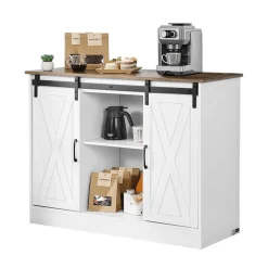 VEVOR Coffee Bar Cabinet, 41.8 x 15.8 x 32.1 in Farmhouse Coffee Bar Cabinet with 3-Tier Storage, Coffee Bar Table with Barn Doors, Farmhouse Sideboard Buffet Cabinet for Living Room, Entryway